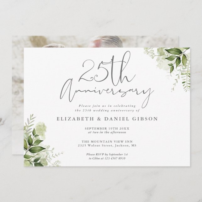 Convite 25th Wedding Anniversary Greenery Floral Photo (Frente/Verso)