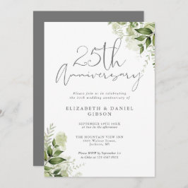 Convite 25th Wedding Anniversary Greenery Silver Script