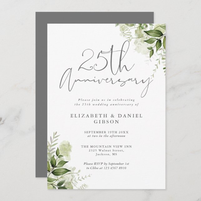 Convite 25th Wedding Anniversary Greenery Silver Script (Frente/Verso)