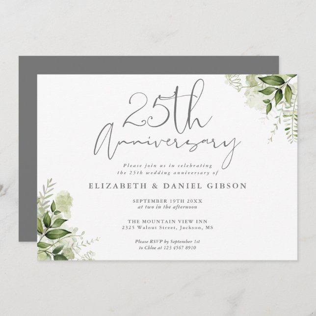 Convite 25th Wedding Anniversary Silver Script Floral (Frente/Verso)