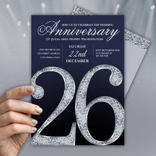 Convite 26º Aniversário Diamante Prata Azul Escuro Anos