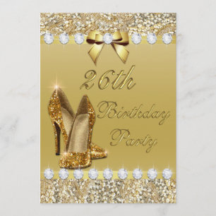 Convite 26. Aniversário Clássico Dourado Sequins Ouros