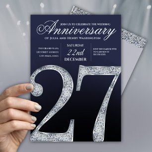 Convite 27º Aniversário Diamante Prata Azul Escuro Anos