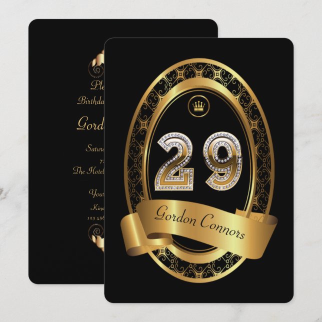 Convite 29º,festa de aniversário homem, elegante cor (Frente/Verso)