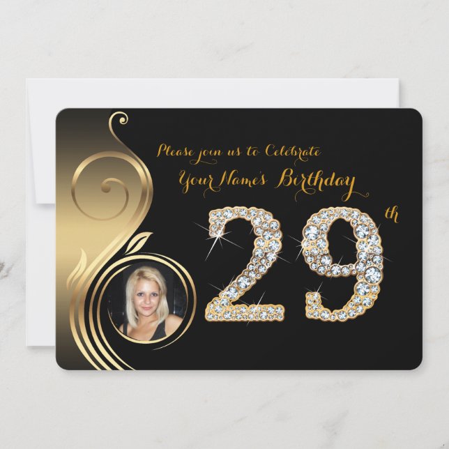 Convite 29,Convite de Aniversário,Diamante de Número,Foto  (Frente)