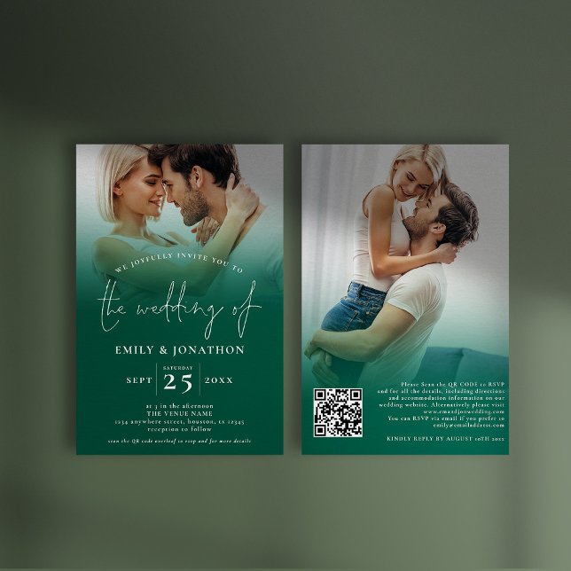 Convite 2 Casamento Verde Emerald com Script de Sobreposiç (Front and back view. Available digitally and printed)