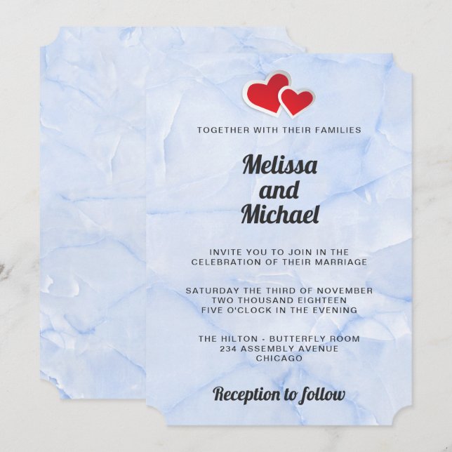 Convite 2 Corações de Papel Vermelhos em Casamento de Márm (Frente/Verso)