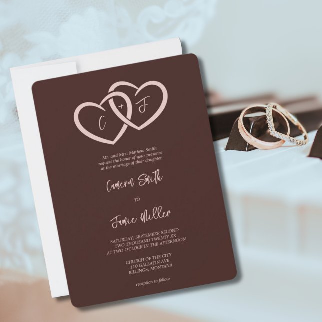 Convite 2 Corações Interligadas com Iniciais Sienna Weddin (2 Hearts Intertwined with Initials Sienna Wedding Invitation)