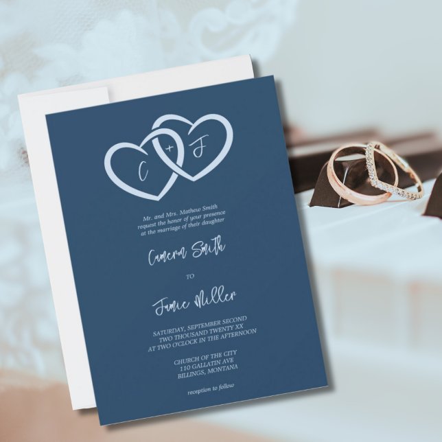 Convite 2 Corações Interligados com Iniciais Casamento Ind (2 Hearts Intertwined with Initials Indigo Wedding Invitation)