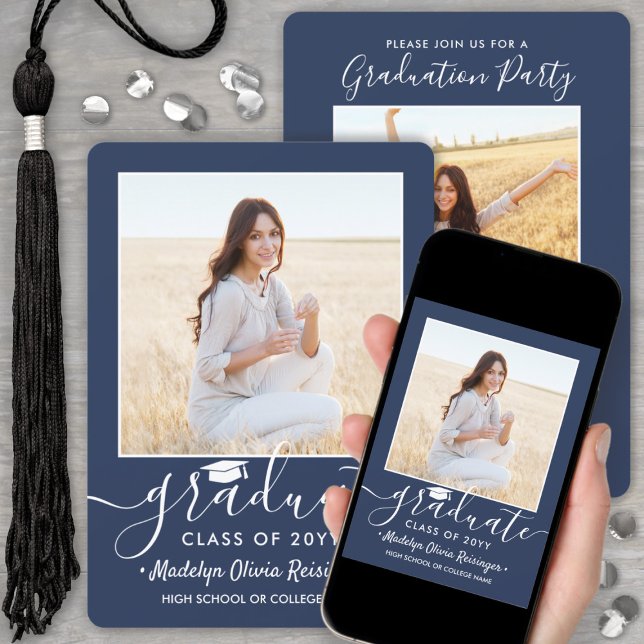 Convite 2 Festa de formatura de fotos Marinho Azul e Branc (Criador carregado)