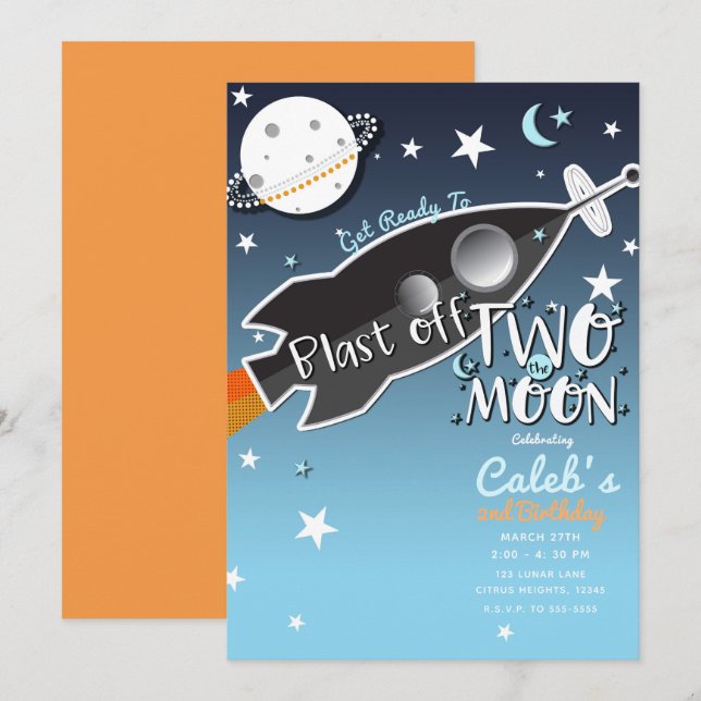 Convite 2 Foguete Espacial Para a Lua Festa de Aniversário (Frente/Verso)