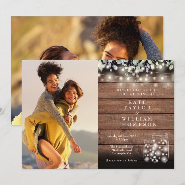 Convite 2 Foto Corda Luz Russo Jars Greenery Casamento (Frente/Verso)