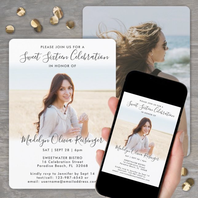 Convite 2 Foto Sweet 16 Chic Modern Elegant Script (Criador carregado)