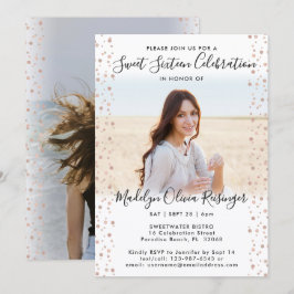 Convite 2 Foto Sweet 16 Modern Pink Rose Dourado Glitter