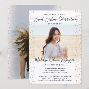 Convite 2 Foto: Sweet 16 Modern Pink Rose Glitter Dourado