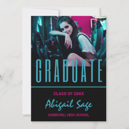 Convite 2 Foto Tendy Modern Aqua Pink Black Graduação