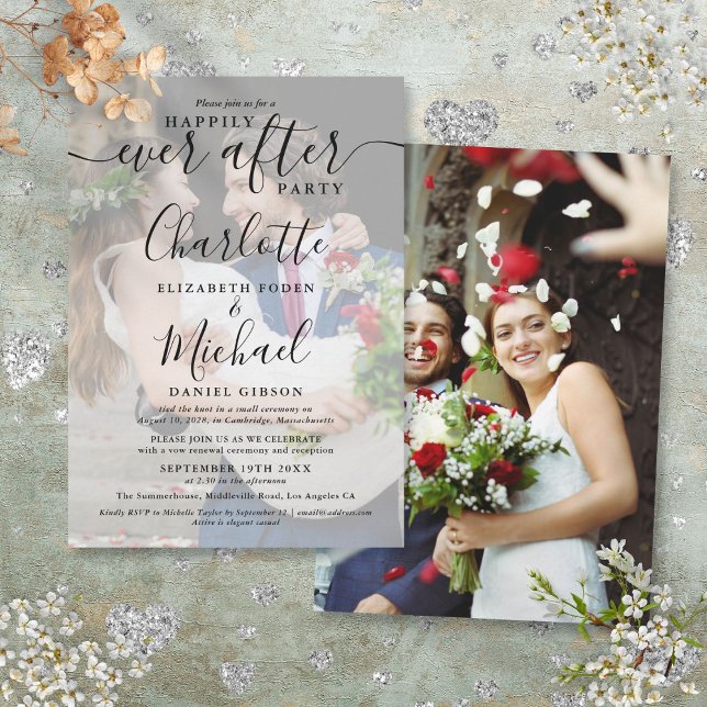 Convite 2 Fotos de Casamento Felizes para Sempre Roteiro  (2 Wedding Photos Happily Ever After Script Invitation)