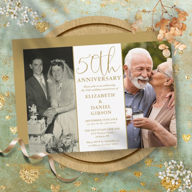 Convite 2 Fotos Então E Agora 50º Aniversário De Casamento (2 Photo Then And Now 50th Wedding Anniversary Invitation)