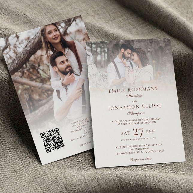 Convite 2 Fotos Sobreposição Código QR Casamento Formal (front and back view)