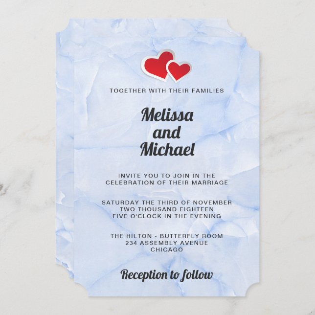 Convite 2 Papel Vermelho Corações no Casamento Azul-Luz (Frente/Verso)