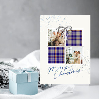 Convite 2 Photo X-mas Present Card Blue Tartan Silver Bow