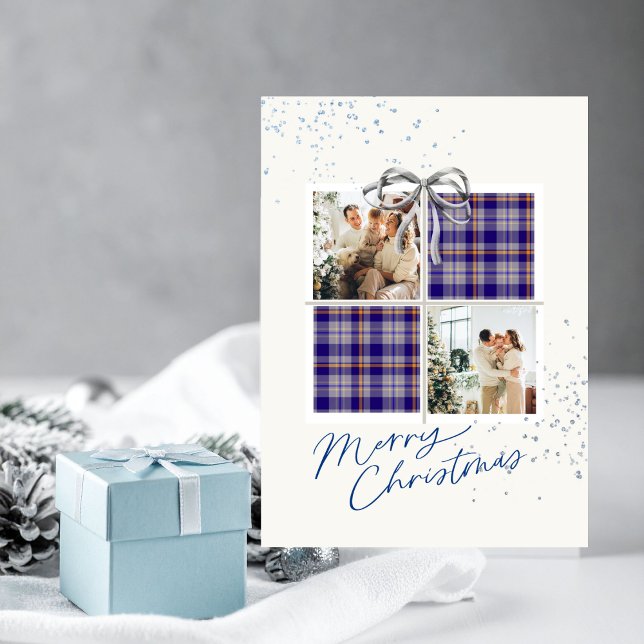 Convite 2 Photo X-mas Present Card Blue Tartan Silver Bow (Personalized Christmas card with two photo frames and festive holiday details)