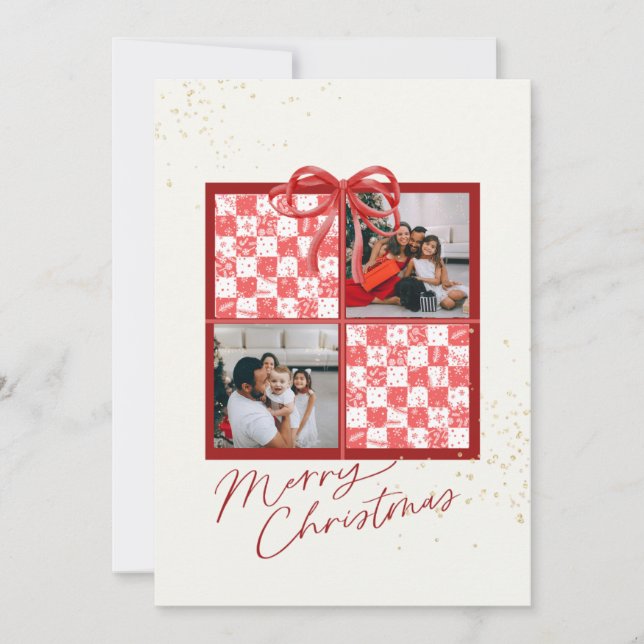 Convite 2-Photo X-mas Present Card Red Gingham Snowflakes (Frente)