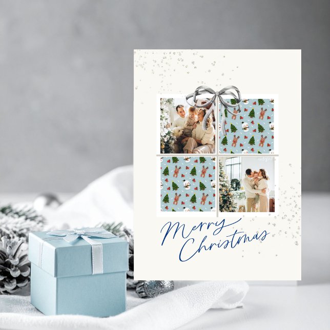 Convite 2-Photo X-mas Present Card Rudolph Firs Silver Bow (Christmas card with two photo frames and festive holiday details)