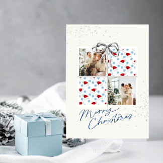 Convite 2-Photo X-mas Present Card Santa Hats Silver Bow