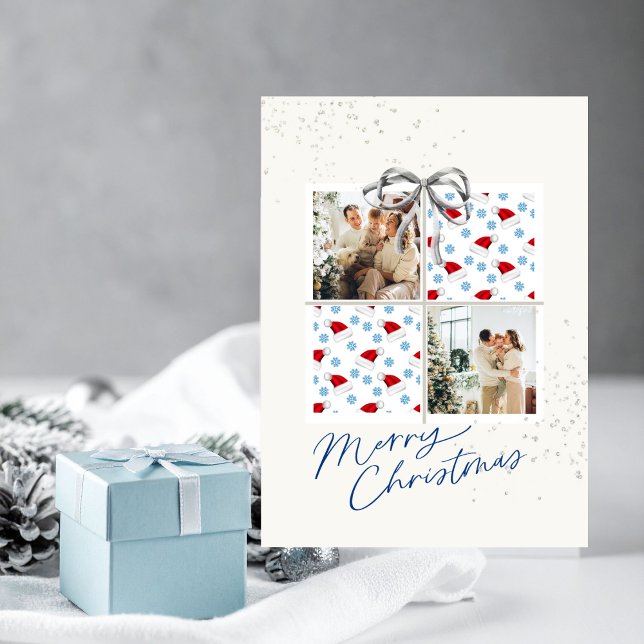Convite 2-Photo X-mas Present Card Santa Hats Silver Bow (Christmas card with two photo frames and festive holiday details in hues of blue)