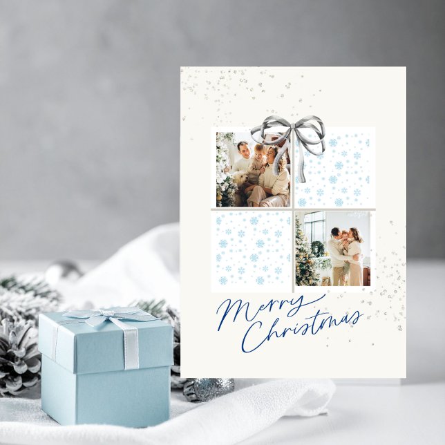 Convite 2-Photo X-mas Present Card Soft Snow Silver Bow (Personalized Christmas card with two photo frames and festive holiday details)