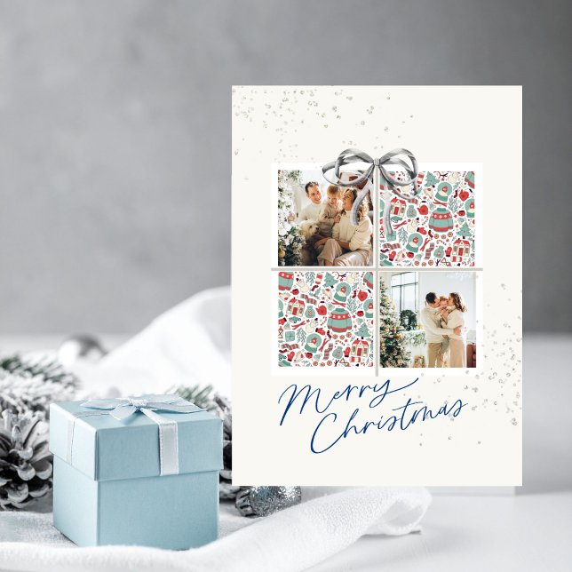 Convite 2-Photo X-mas Present Card Ugly Sweater Silver Bow (Personalized Christmas card with two photo frames and festive holiday details)