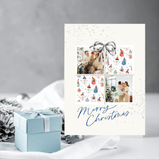 Convite 2-Photo Xmas Present Card Happy Snowmen Silver Bow