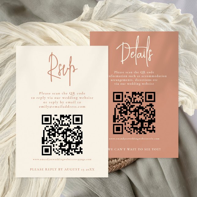 Convite 2 QRs Terracotta Cream Detalhes de Casamento RSVP (Front and back view. Combined  RSVP and Details. 2 QR codes. Available digitally or printed)