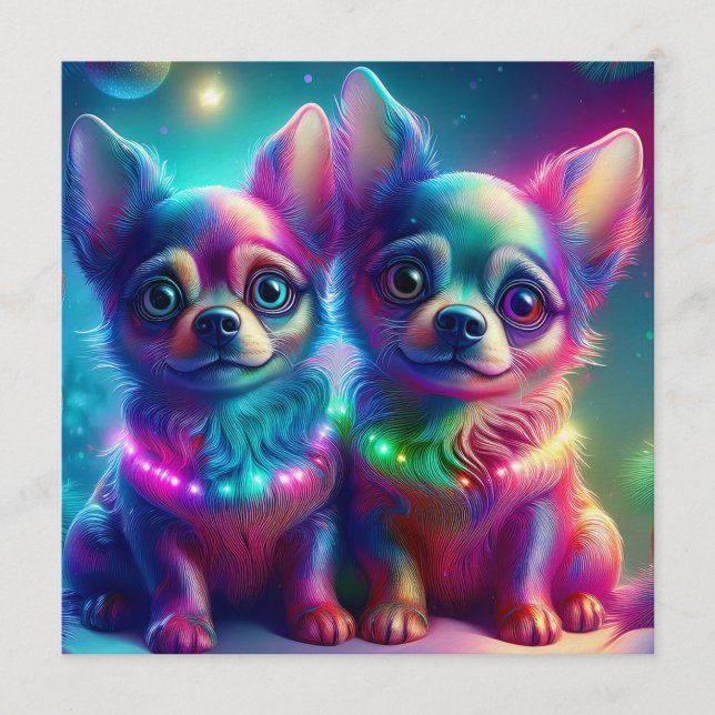 Convite 2 Young Chihuahua Pups In Colorful Christmas Scene (Frente)