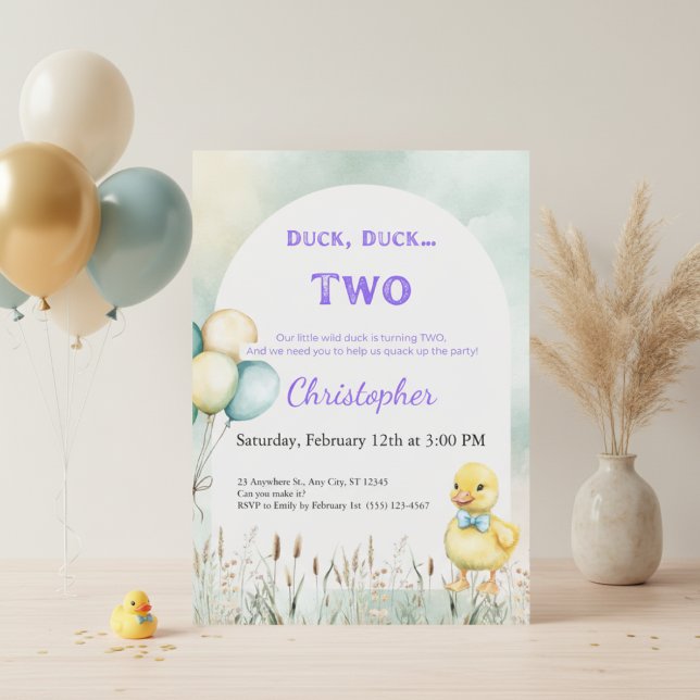 Convite 2nd Birthday Invitation Duck Duck Two Theme (Duck Duck Two 2nd birthday invitation mockup in white frame with pastel green and gold balloons)