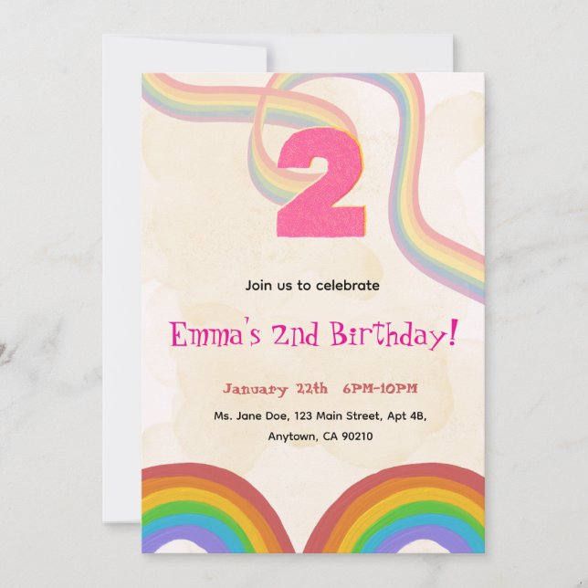 Convite 2nd Birthday Invitation Girl Editable Rainbow (Frente)