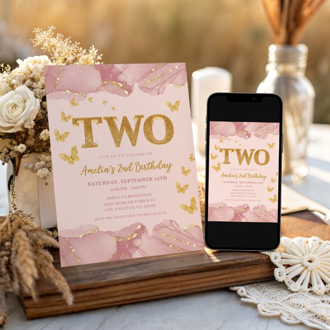 Convite 2nd Birthday Invitation Pink Gold Glitter Girl (Criador carregado)