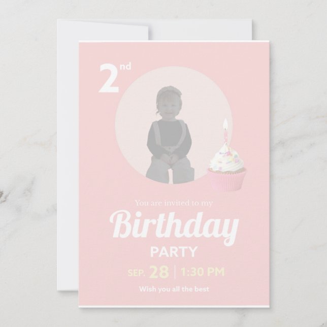 Convite 2nd Birthday Party Invitation Pink Cupcake Photo (Frente)