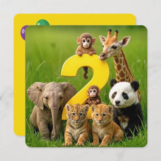 Convite 2nd Birthday Party Wildlife Animal Babies (Frente/Verso)