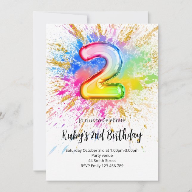 Convite 2nd Birthday Rainbow Paint Splash Invitation (Frente)