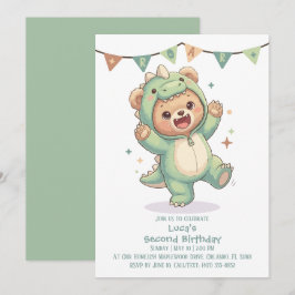 Convite 2nd Birthday Teddy Bear Dinosaur Party