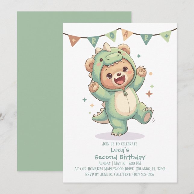 Convite 2nd Birthday Teddy Bear Dinosaur Party (Frente/Verso)