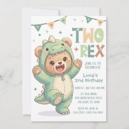 Convite 2nd Dino Birthday Party | Cute Teddy Bear Dinosaur