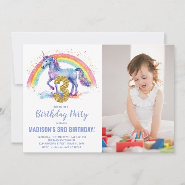 Convite 3ª foto do Rainbow Unicorn Birthday Invtions (Frente)