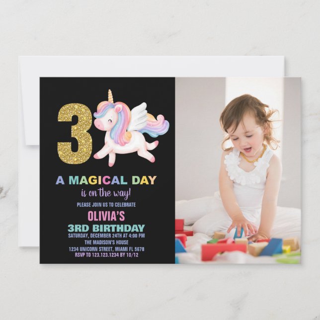 Convite 3ª foto do Rainbow Unicorn Birthday Invtions (Frente)