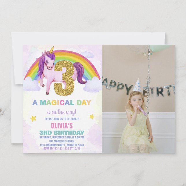 Convite 3ª foto do Rainbow Unicorn Birthday Invtions (Frente)