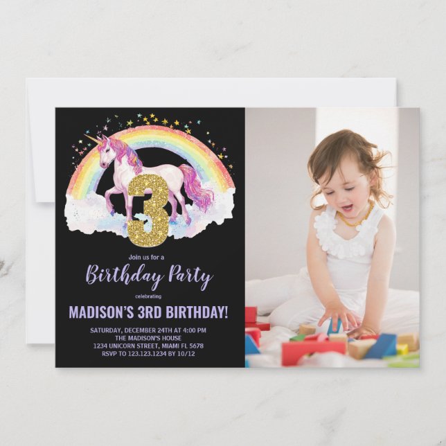 Convite 3ª foto do Rainbow Unicorn Birthday Invtions (Frente)
