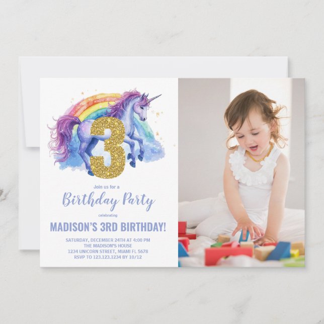 Convite 3ª foto do Rainbow Unicorn Birthday Invtions (Frente)
