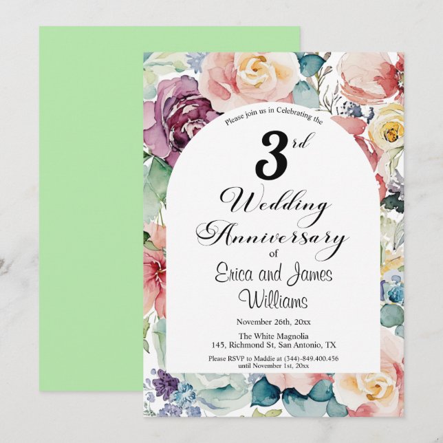 Convite 3º Aniversário de Casamento - Script Elegante Flor (Frente/Verso)